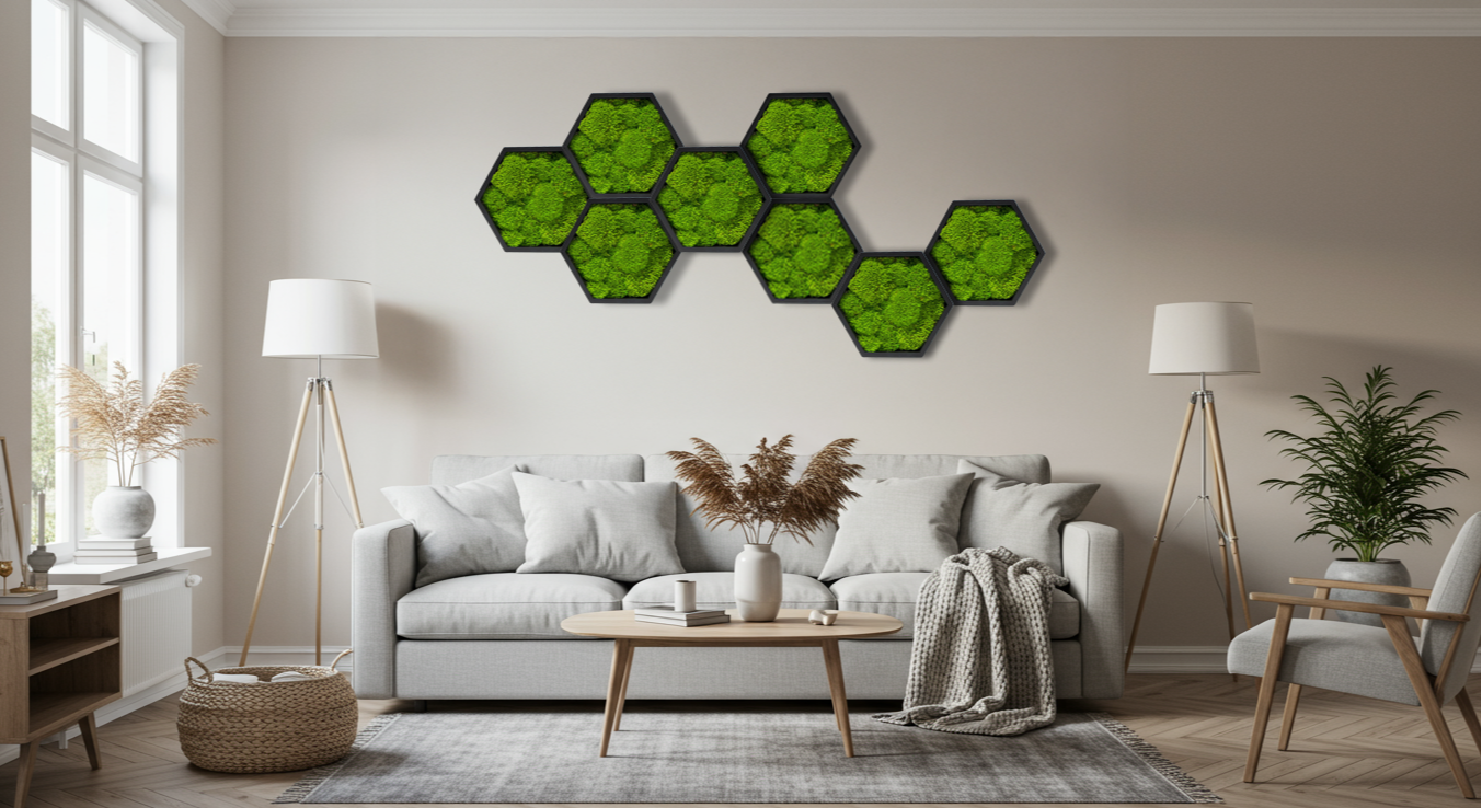 Hexagónový machový obraz z bobkového machu