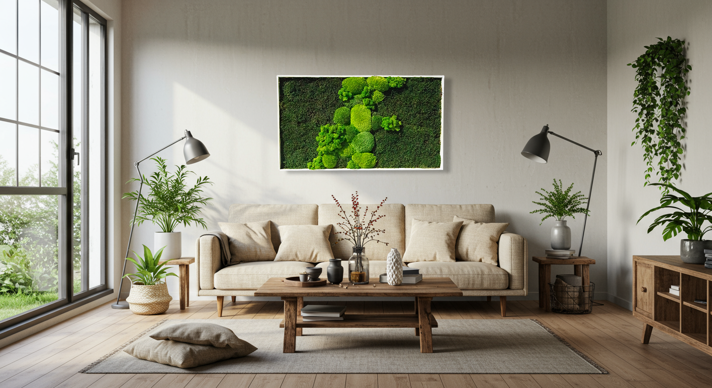 Hranatý machový obraz z bobkového, plochého a lišajníkového machu